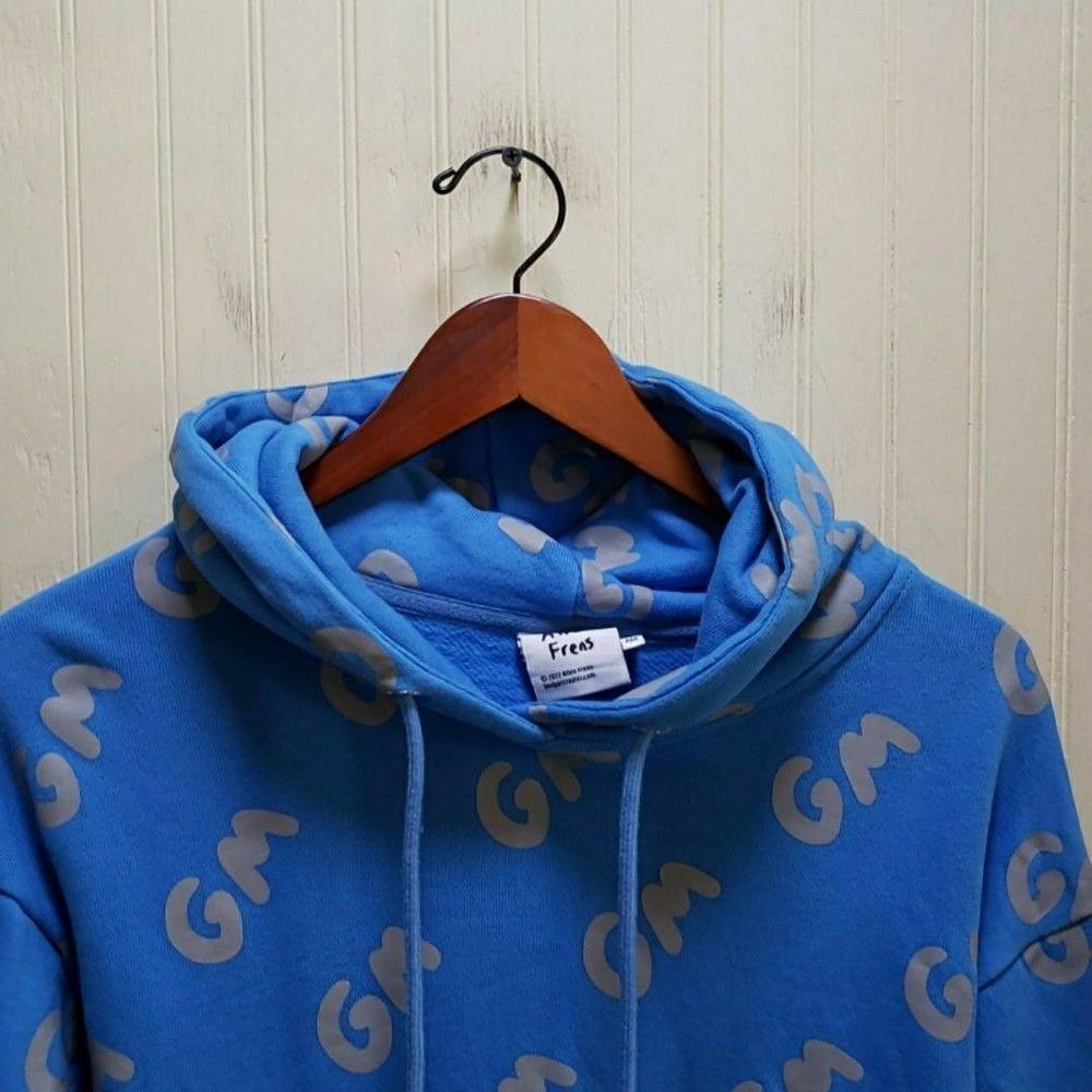 Alien Frens Hoodie Mens Medium Blue GM Allover Graphic Fleece Pullover Kangaroo